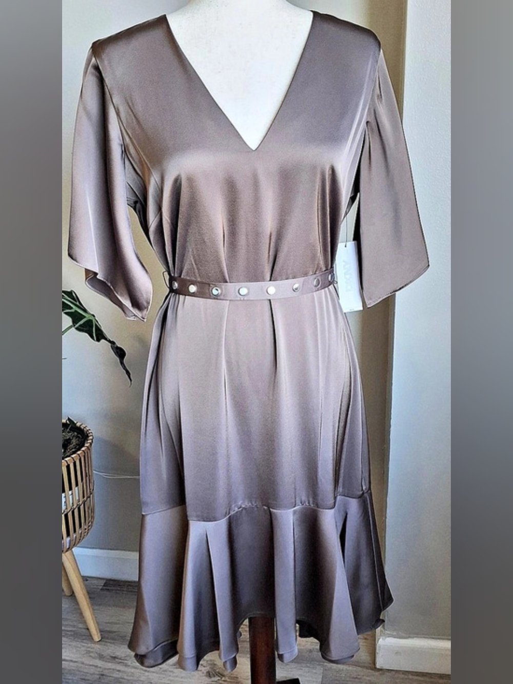 DKNY Satin Flutter Sleeve Dress Women's 8 Taupe Studded Belt Ruffle Hem NWT